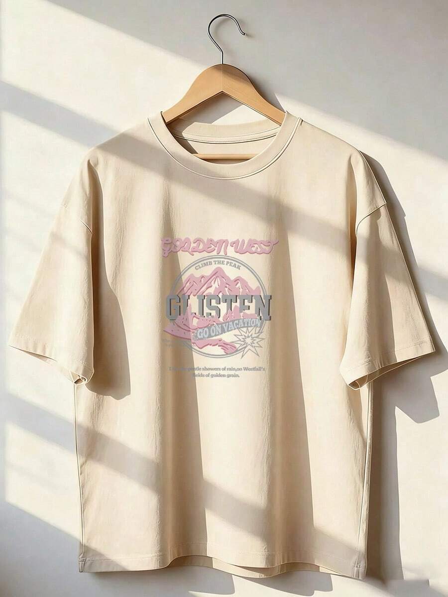 Pink Mountain T-Shirt With "GOLDEN WEST" Text, Short-Sleeved T-Shirt For Spring And Summer 2026, Made In Mexico, 180 Grams. Cartoon Print, Couple Design, Suitable For Indoor Or Outdoor Wear. Crew Neck, Unisex, Ideal For Office And Leisure. One-Pack. - APR-P631577SLNDXZGY646 - 查看 1