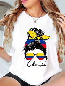 Playera casual de manga corta para mujer con pañuelo en la cabeza de chica y estampado de Colombia, cuello redondo, top deportivo para uso diario, prenda de primavera y verano Adecuado como regalo. playera de mujer. blusas>elegantes. boho chic,Top de mujer suave, transpirable y cómodo, ideal para primavera, verano y otoño, perfecto para vacaciones, viajes y uso diario. - Blanco - Ver 7