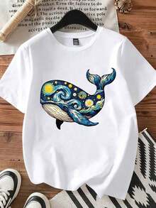 Camiseta de Mujer con Estampado Artístico de Ballena y Noche Estrellada, Ropa Casualblusa casual mujer - Blanco - Ver 4