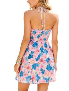 Women's Floral Halter Neck Mini Dress Ruched Backless A-Line Maternity Party Dress With Adjustable Self-Tie - 藍色 - 查看 3