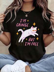 1 Piece Of Funny Cat Sunglasses I'M CRINGE... BUT I'M FREE Women's Plus Size Printed T-Shirt, Round Neck, Casual Style, Spring Summer, Creative Design, Comfortable Daily Wear, 180g, 100% Cotton - 黑色 - 查看 1