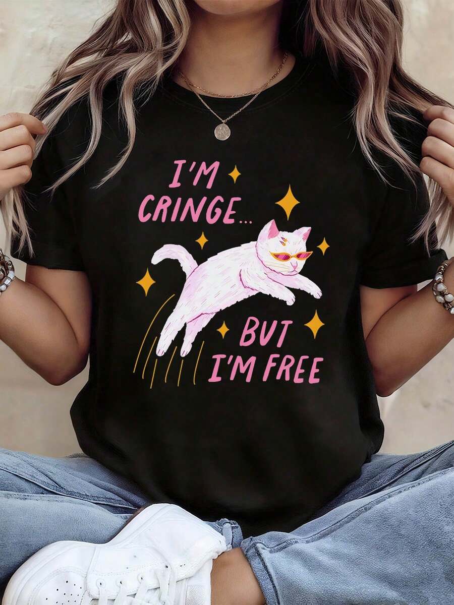 1 Piece Of Funny Cat Sunglasses I'M CRINGE... BUT I'M FREE Women's Plus Size Printed T-Shirt, Round Neck, Casual Style, Spring Summer, Creative Design, Comfortable Daily Wear, 180g, 100% Cotton - 黑色 - 查看 1
