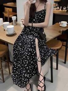 Vestido maxi de mujer para vacaciones con abertura en la cintura, con estampado floral y cinturón - Blanco y Negro - Ver 4