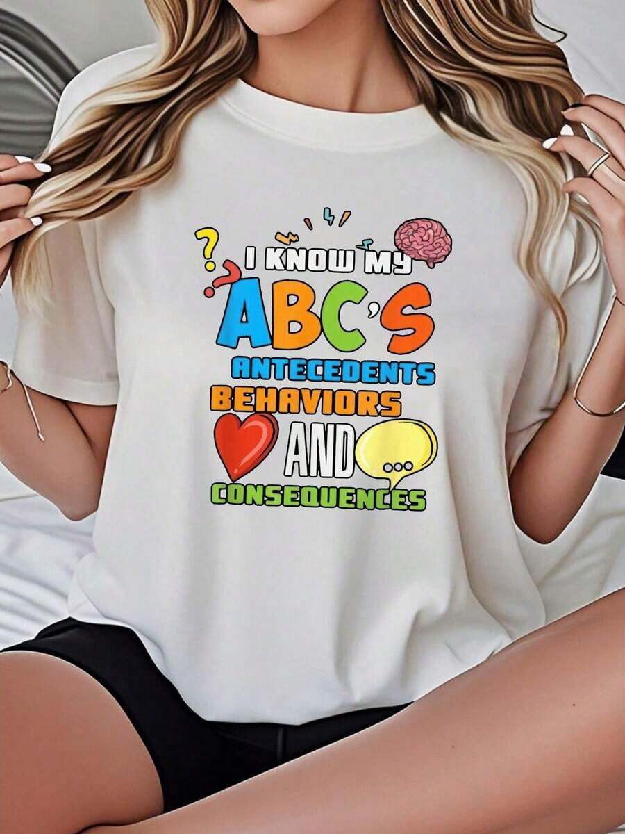 Camiseta de Mujer Casual con Cuello Redondo, Opciones en Blanco y Negro, Estampado Gráfico 'ABCs Antecedentes Comportamientos Consecuencias', Camisetas para Uso Diario, Tops de Verano, Camisetas Gráficas, Conjuntos de Verano, Camisetas Cortas para Mujer, Tops Vintage de Algodón, Ropa Linda para Mujer, Playera Holgada para Mujer - Blanco - Ver 1