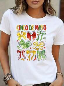 Women's Cinco De Mayo T-Shirt, Black, Colorful Bow And Chili Pepper Print, Women's Casual Wear, Spring/Summer, Mexico Celebration >Clothing - 白色 - 查看 1
