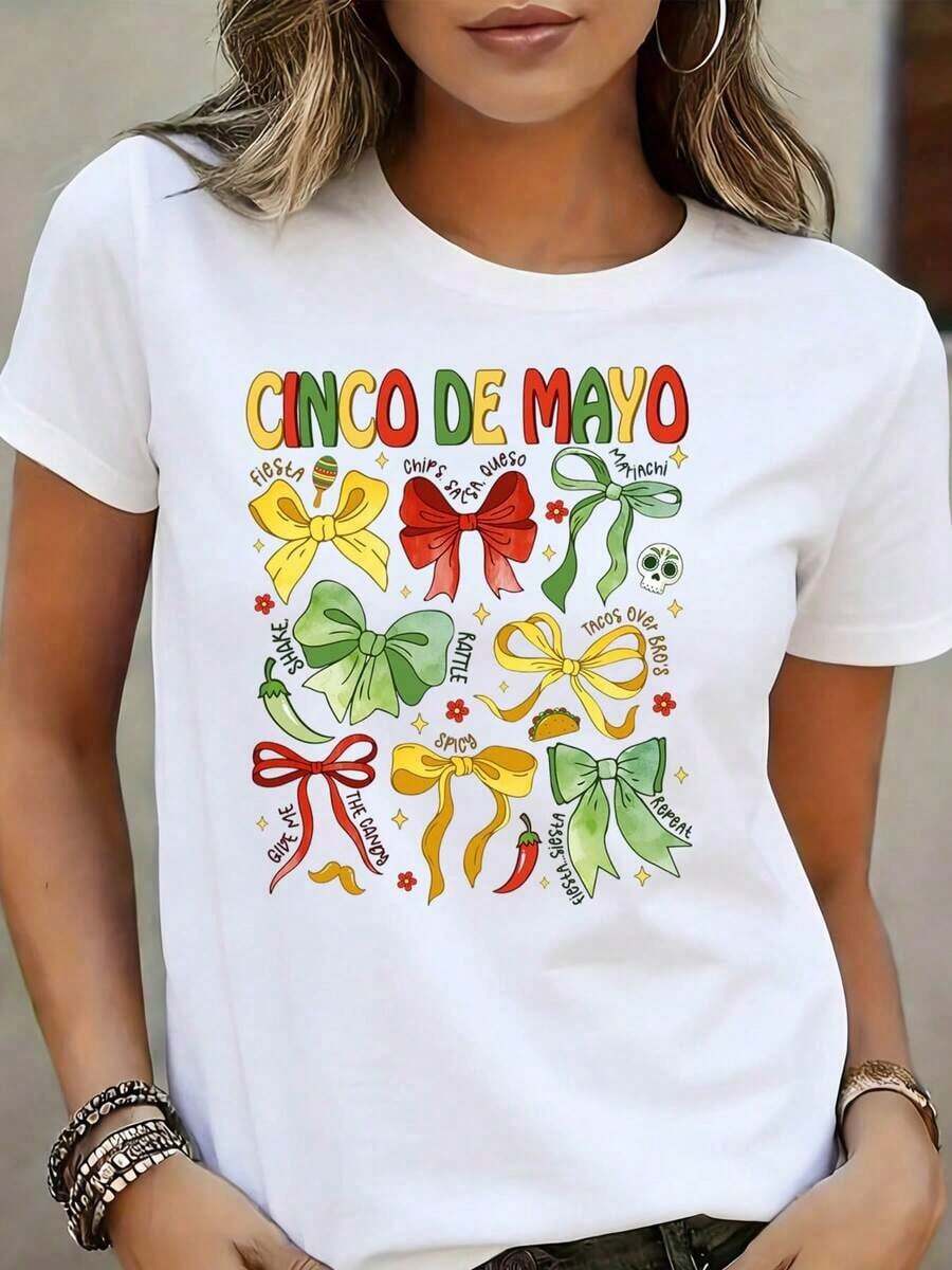 Women's Cinco De Mayo T-Shirt, Black, Colorful Bow And Chili Pepper Print, Women's Casual Wear, Spring/Summer, Mexico Celebration >Clothing - 白色 - 查看 1