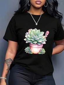LigeroPlus Size - Camiseta retro holgada para mujer con estampados de plantas suculentas - 200 g/m² de peso pesado, 100% algodón, mangas cortas cómodas, cuello redondo, top casual con suaves patrones botánicos en rosa y verde, perfecta para ropa casual de primavera y verano, esencial para el guardarropa de temporada.Verano - Negro - Ver 3