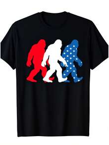 Camiseta de manga corta con cuello redondo para hombre, diseño de la bandera estadounidense Sasquatch, estampado digital con patrón geométrico, adecuada para todas las estaciones, corte holgado, tela elástica, ideal para uso casual y al aire libre. - Negro - Ver 8
