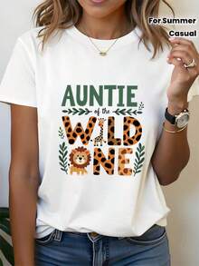 Tía del Niño Salvaje: Camiseta de manga corta de primavera-verano para mujer con cuello redondo y estampado decorativo de animales juguetones de la selva. - Blanco - Ver 3