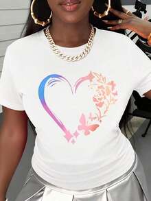 Camiseta de Manga Corta Casual para Mujer con Estampado Floral de Mariposas y Corazones Bohemios, Top de Verano, Camiseta Gráfica de Moda para Mujer, Camiseta de Algodón - Blanco - Ver 3