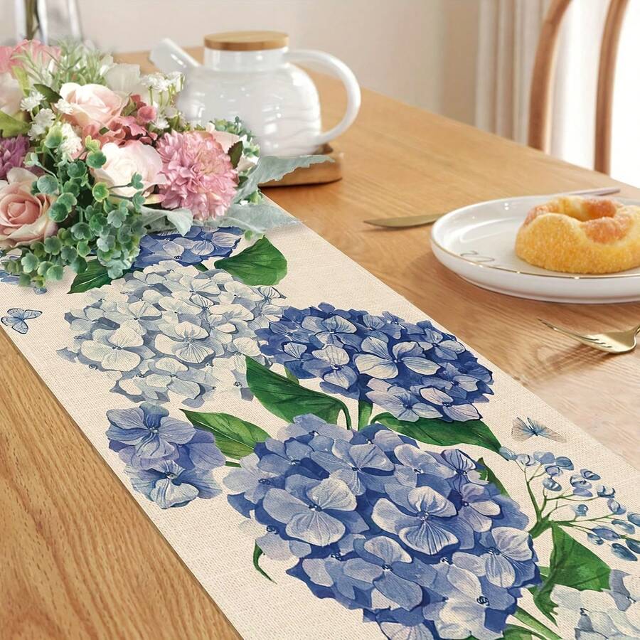 1 pieza Camino de mesa con estampado de hortensias azules acuarela y mariposas, estilo romántico de Cottagecore decorativo para cocina, sala de estar, fiesta y picnic al aire libre, acento primaveral suave para el hogar - Multicolor - Ver 1