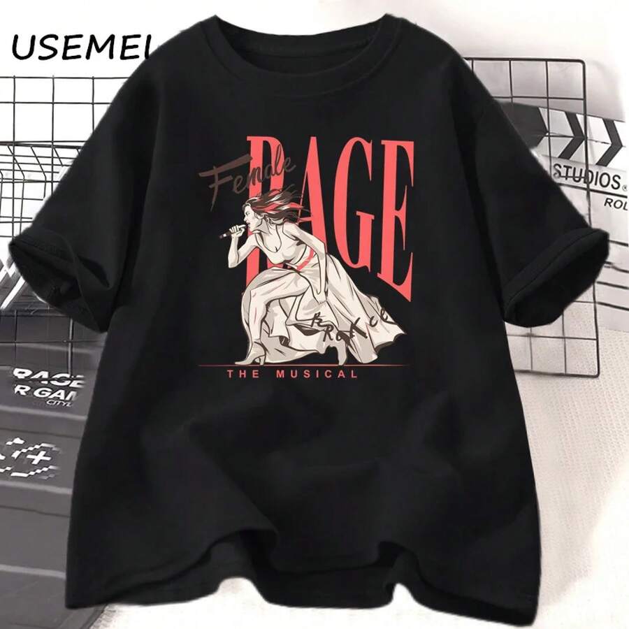 Women's Large T-Shirt From The Female Rage Music Series, 2026, Casual, Cotton, Short Sleeve, Summer, Round Neck, Music Print, Urban Style, Unisex. - 黑色 - 查看 1