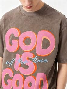 Men's God Is Good Distressed Graphic Tee, Oversized Crew Neck Short Sleeve Vintage Wash T-Shirt, Unisex Boyfriend Fit - 咖啡色 - 查看 2
