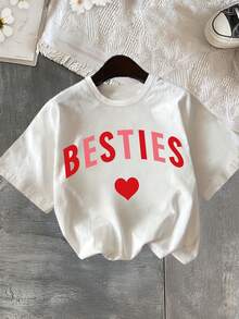 Camiseta casual de manga corta con estampado de corazón "Mejor Amiga" para niñas, suave y elástica, con cuello redondo, adecuada para atuendos casuales y actividades al aire libre, ropa para adolescentes. - Blanco - Ver 1