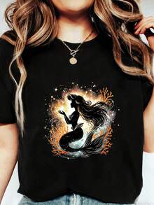 1 Women's Short Sleeve T-Shirt With Mermaid Print, Modern, Elegant And Slimming, The Perfect Gift For Birthdays Or Holidays, 180g 100% Cotton. - 黑色五號 - 查看 1