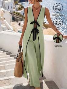 Conjunto de 2 piezas de verano bohemio de vacaciones para mujer con chaleco sin mangas con lazo de contraste de color y pantalones de pierna ancha, vestido de vacaciones sexy de verano, mono sin espalda, vestido de verano con envolvente, vestido - Verde - Ver 5