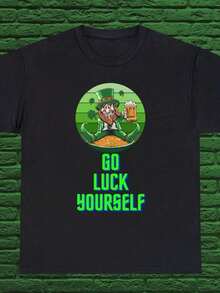 Good Luck T-Shirt, St. Patrick's Day T-Shirt, Green T-Shirt With Irish Shamrock, Irish Lucky T-Shirt, Breathable And Comfortable. - 黑色 - 查看 1