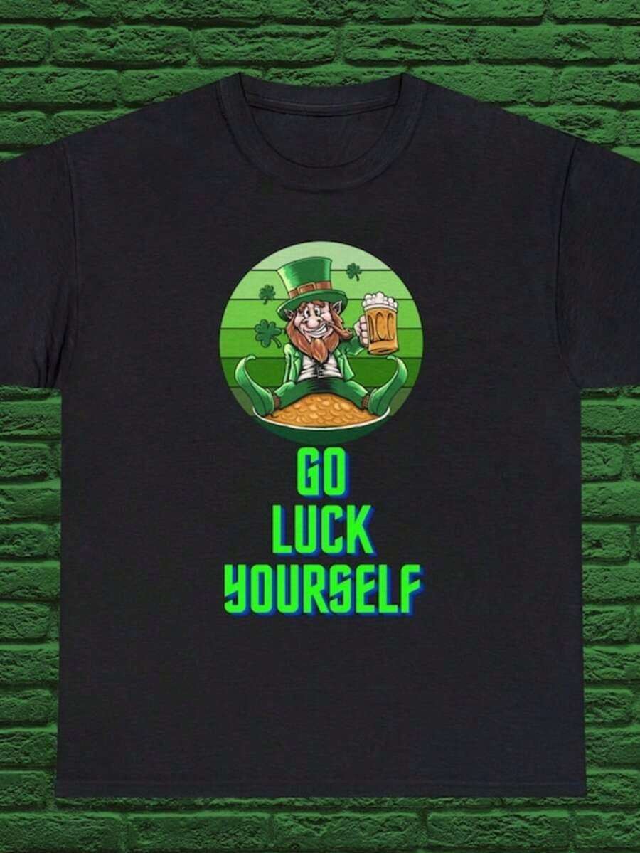 Good Luck T-Shirt, St. Patrick's Day T-Shirt, Green T-Shirt With Irish Shamrock, Irish Lucky T-Shirt, Breathable And Comfortable. - 黑色 - 查看 1