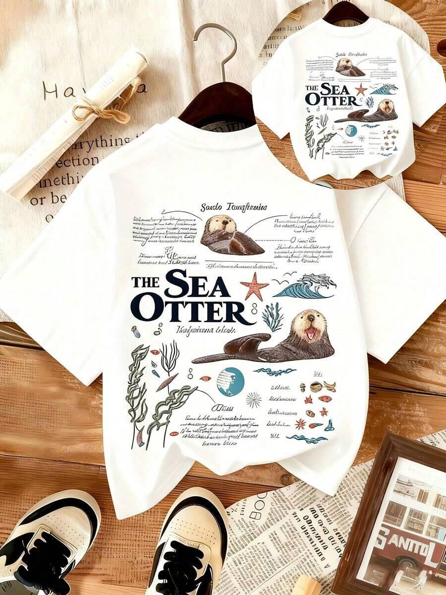 Envío Gratis, Camiseta Vintage con Estampado Biológico de Nutria Marina, Cuello Redondo Casual, Manga Corta, Patrón de Letras, Camiseta de Manga Corta para Adolescentes, Camiseta con Estampado de Letras, Cuello Redondo Regular, Tela Transpirable, para Adolescentes 2026 - Ropa Linda, Vestidos para Mujer de Verano, Transpirables y Cómodos - Blanco - Ver 1
