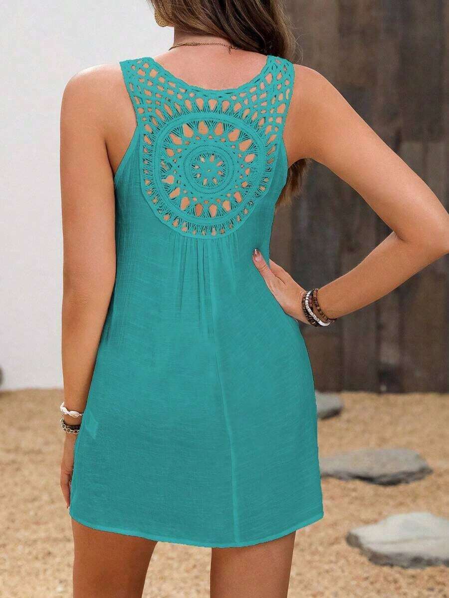 Vestido de cubrir sólido con diseño calado simple para mujer, para uso casual diario, para verano y vacaciones en la playa - Azul cadete - Ver 1