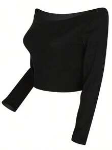 Blusa de manga larga ajustada con hombros descubiertos y acanalada, casual de primavera/verano  en color negro - Negro - Ver 5