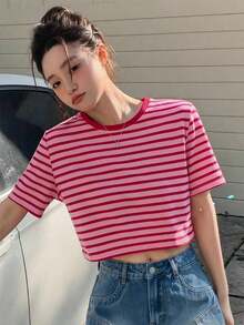 Camiseta de cuello redondo con estampado de rayas para Pascua - Rosa - Ver 1