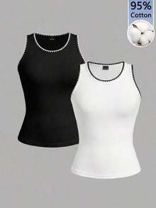 2 piezas de camiseta de tirantes de mujer de ajuste ceñido con estampado minimalista de letras de California en negro y blanco - 95% algodón, para primavera y verano, uso en todas las estaciones, vuelta al colegio, ropa de casa y deporte, estilo re - Blanco y Negro 2 - Ver 1