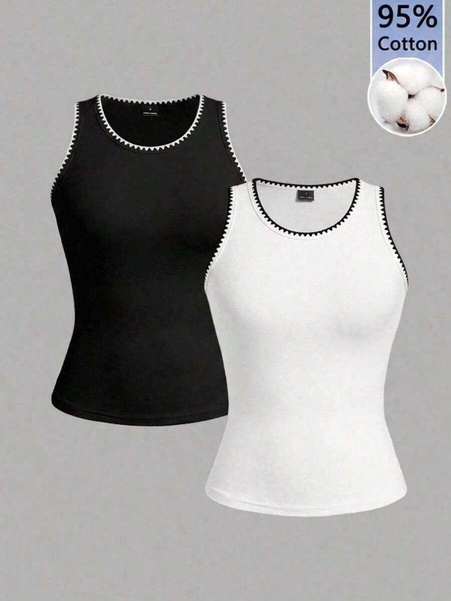 2 piezas de camiseta de tirantes de mujer de ajuste ceñido con estampado minimalista de letras de California en negro y blanco - 95% algodón, para primavera y verano, uso en todas las estaciones, vuelta al colegio, ropa de casa y deporte, estilo re - Blanco y Negro 2 - Ver 1
