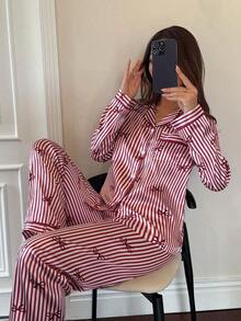 Conjunto de pijama de mujer con rayas y lazo de seda sintética - Burdeos - Ver 4