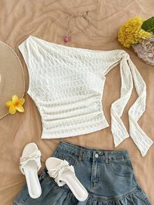 Top ajustado de mujer de hombros asimétricos con tirantes de amarre en color amarillo pálido, adecuado para fiesta, vacaciones, festival de música, estilo bohemio, cita de vacaciones, té de la tarde - Blanco 2 - Ver 7