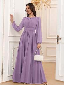 Vestido de dama de honor formal de gasa de manga larga hasta el suelo con corte evasé, color borgoña elegante, vestido de invitada de boda, mangas sin forro, primavera - Púrpura polvoriento - Ver 4