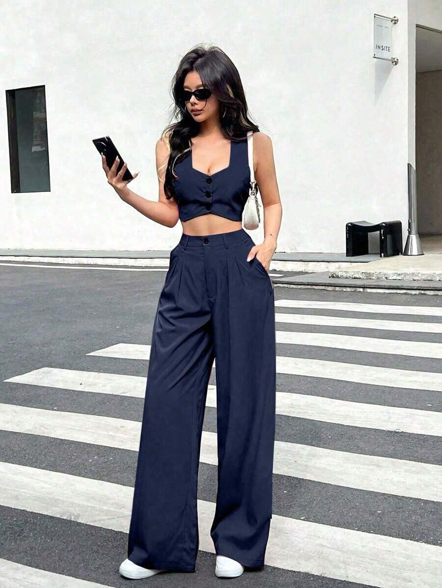 Set de 2 piezas para mujer, top corto de un solo pecho liso y pantalones - Azul marino - Ver 1