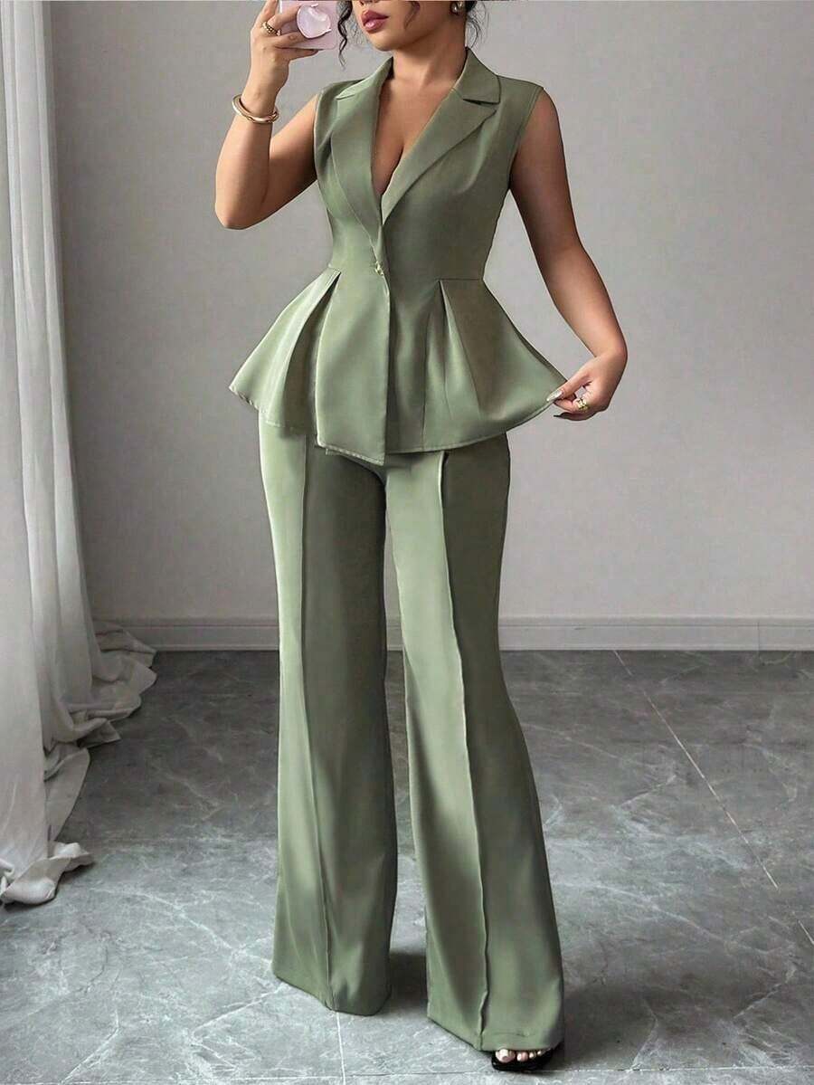 Conjunto de traje elegante y romántico para mujer con blazer sin mangas, cuello y cintura ceñida, talla grande - Verde militar - Ver 1