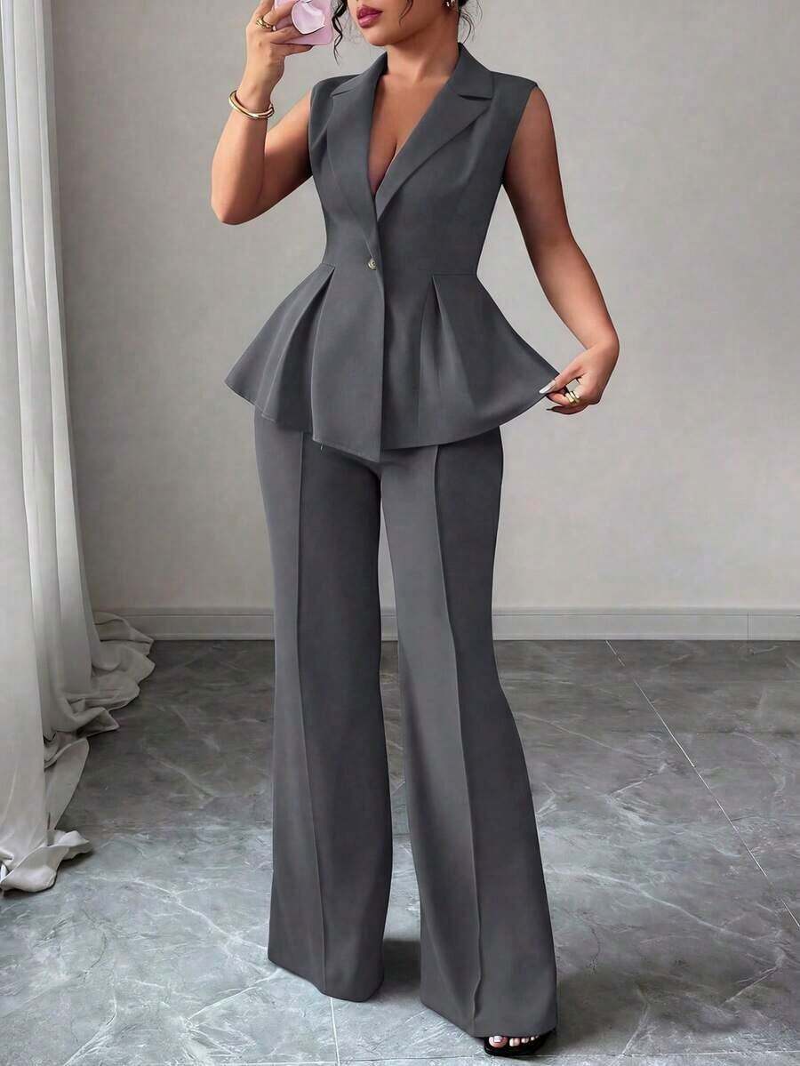 Conjunto de traje elegante y romántico para mujer con blazer sin mangas, cuello y cintura ceñida, talla grande - Gris Oscuro - Ver 1