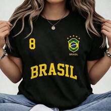 Women's Brazil Hexa T-Shirt 100% Premium Cotton Casual Women's Blouse Brazil Football Casual Premium Cotton Women's Brazilian National Team Summer Premium Cotton - 黑色 - 查看 2