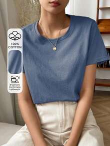 Camiseta Sólida Con Cuello Redondo - Niebla azul - Ver 1