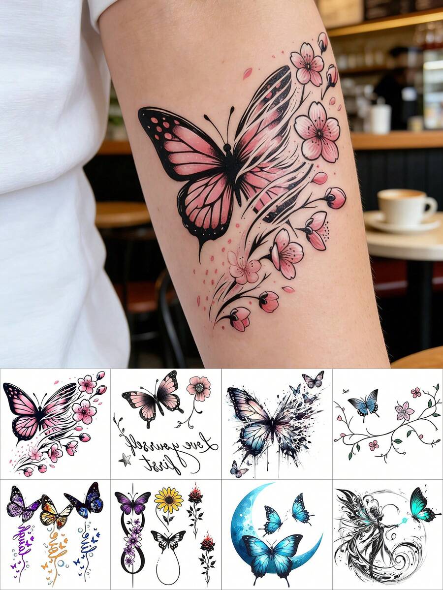 8件套，纹身贴纸，蝴蝶纹身贴，梦幻蝴蝶纹身贴片，手掌纹身，颈部纹身贴，Y2K，朋克，亚文化风格，天使翅膀，火焰，半永久纹身，假纹身，手部纹身，假纹身，临时纹身，纹身用品，纹身套装，纹身贴纸，防水持久纹身，女士纹身，背部纹身，手臂纹身，腿部纹身，节日，锐舞