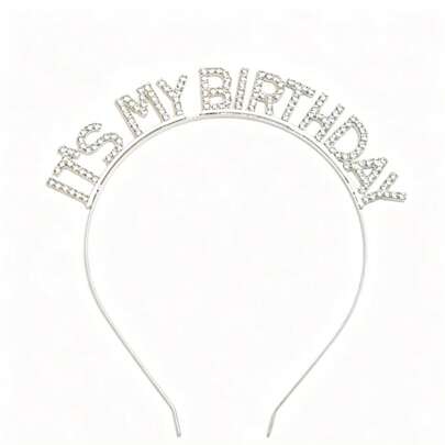 1个“It's My Birthday”水钻字母发箍，闪亮银色发圈，派对拍照道具，女士生日皇冠发饰