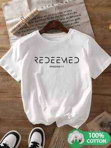 Women's Classic Christian Short-Sleeved T-Shirt With "Bible" "REDEEMED" "EPHESIANS 43" Letter Print. 18cm. New, Round Neck, Fashionable, Breathable, Casual, Versatile, All-Purpose, Can Be Casually Combined For Various Leisure And Entertainment Places And Scenes. - [白色的] - 查看 6