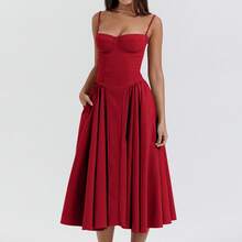 Women's Beige Corset Spaghetti Strap Midi Dress, Sweetheart Neck A-Line Flare Dress, Elegant Bridesmaid & Wedding Guest Dress - 24586-紅色 - 查看 4