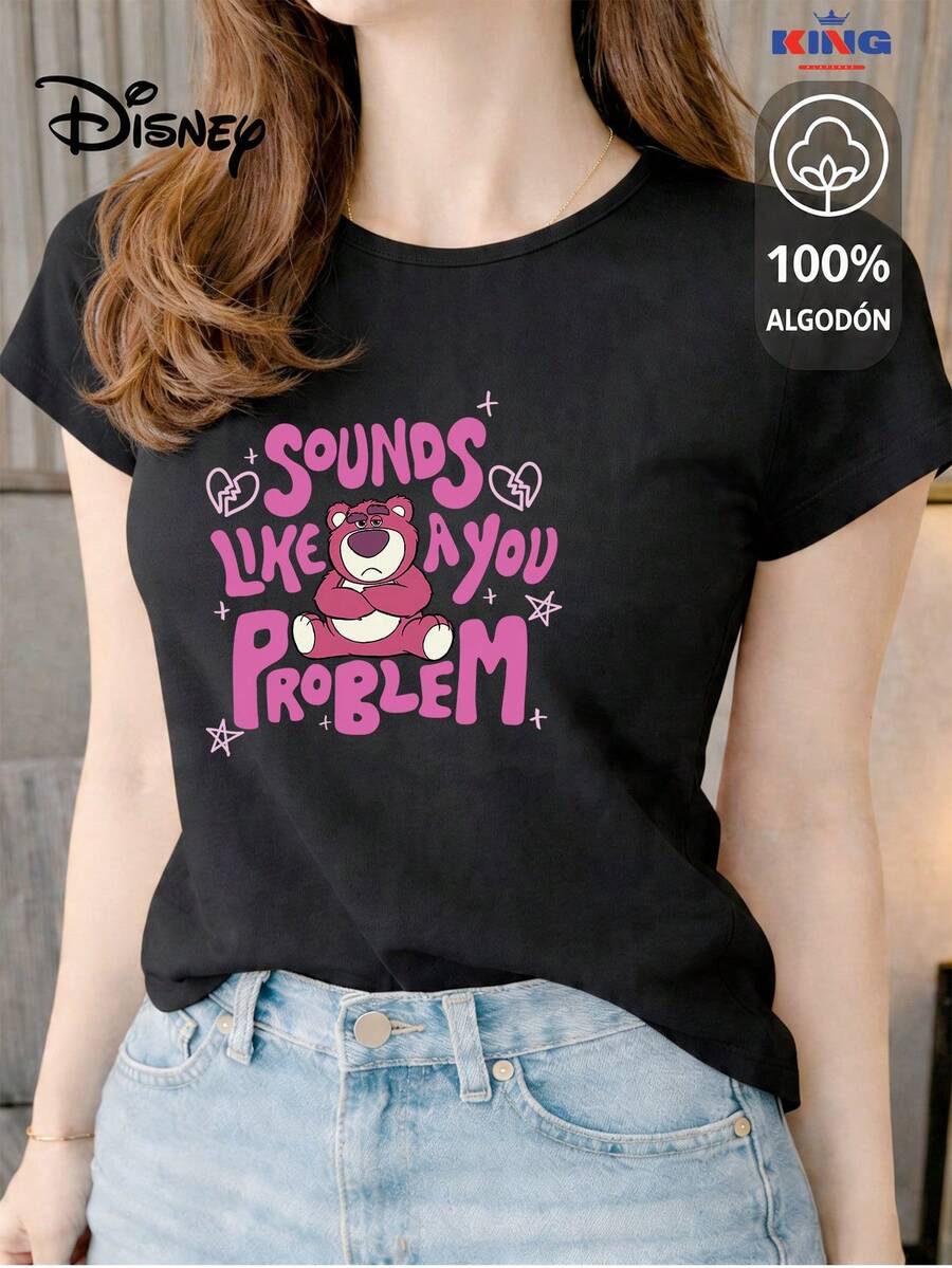 Women's T-Shirt Made Of 100% High-Quality Cotton, This T-Shirt Guarantees Exceptional Softness To The Touch, Round Neck With "Disney Sounds Like A You Problem" Print And Short Sleeves - 黑色 - 查看 1