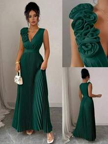 Vestido de verano de cuello en V azul claro con cintura ceñida, aplicación floral en el pecho y falda plisada en línea A, elegante estilo francés - Verde Oscuro - Ver 1