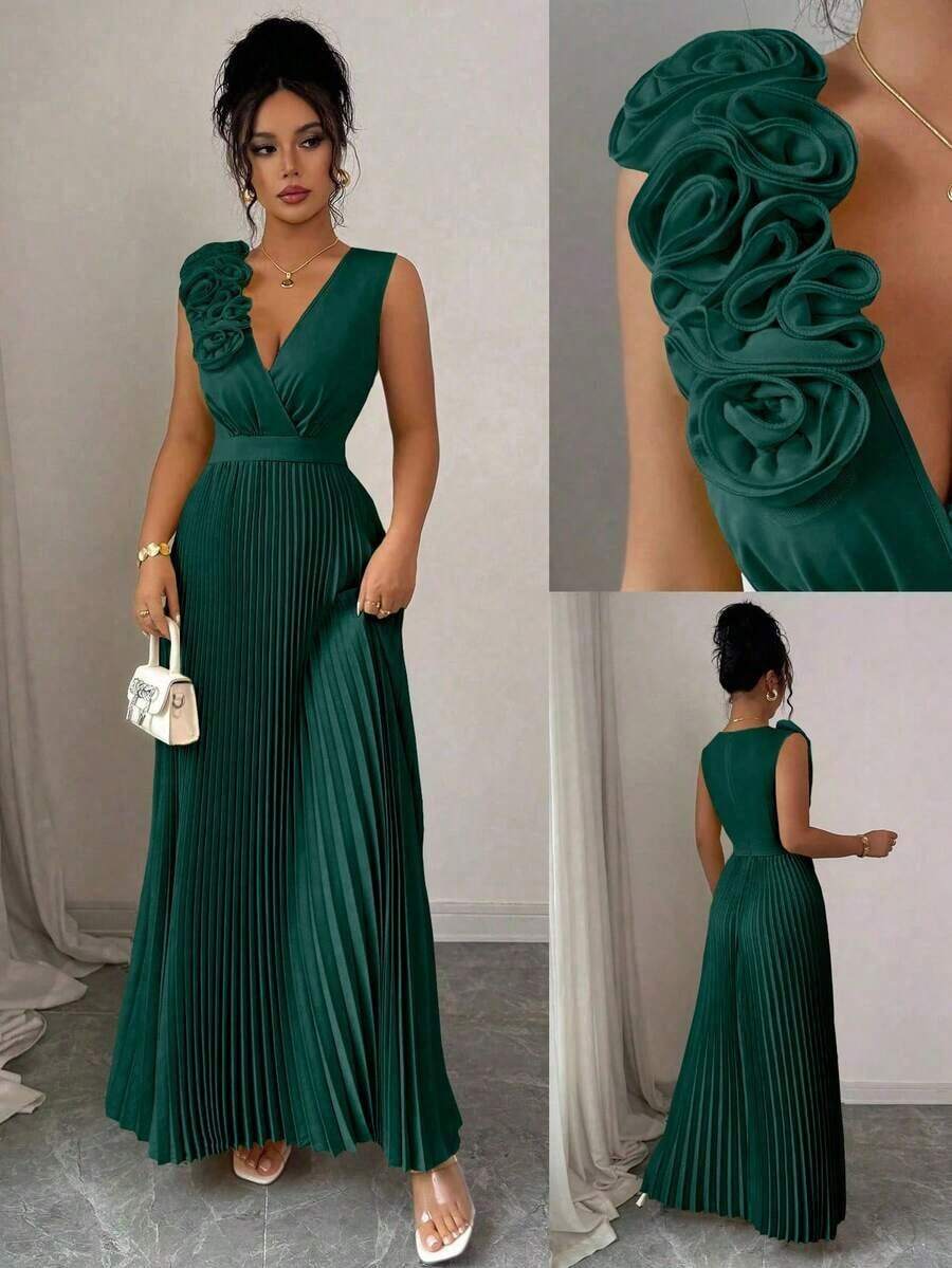 Vestido de verano de cuello en V azul claro con cintura ceñida, aplicación floral en el pecho y falda plisada en línea A, elegante estilo francés - Verde Oscuro - Ver 1