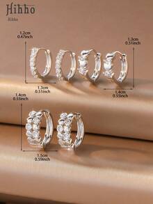 Hihho Set de 6 piezas de aretes de lujo, con diseños de corazón, cadena de diamante de imitación, patchwork geométrico, silueta minimalista con detalles brillantes, versátil para ir al trabajo, ocasiones sociales ligeras y el trayecto - Plateado - Ver 10