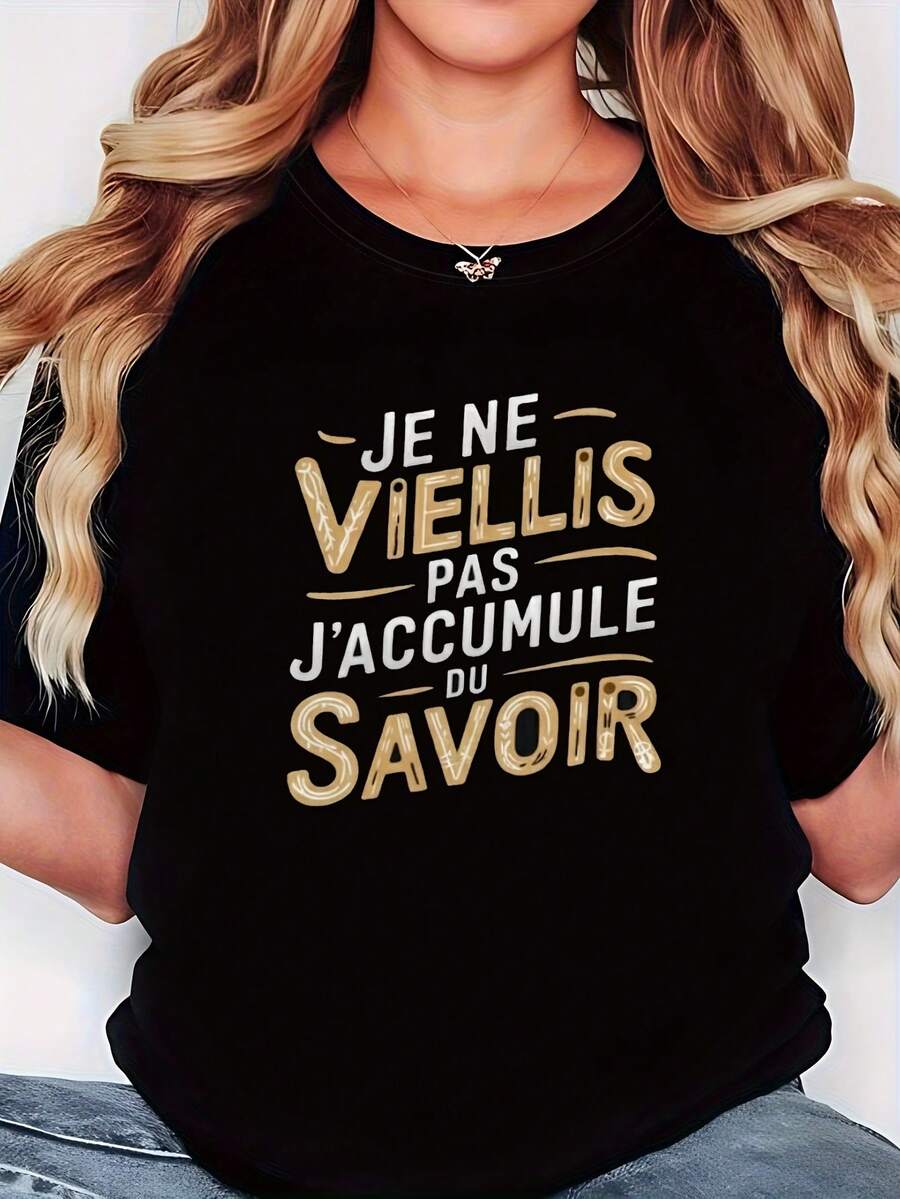 Plus Size T-Shirt With French Letter Print - Round Neck Short Sleeve Loose Fit Top With French Phrase Design, Soft And Stretchy Fabric Suitable For Casual Wear In Spring, Summer And Autumn, Elegant Machine Washable Blouse. - 黑色 - 查看 1