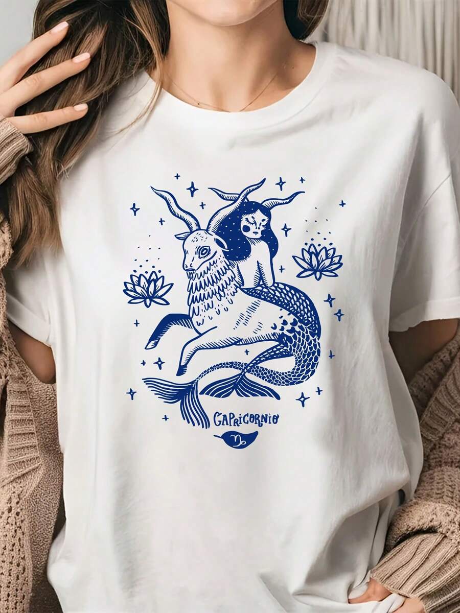 Nueva Camiseta de Moda para Mujer con Cuello Redondo, Diseño Artístico del Zodíaco Capricornio, Colección Zodíaco, Camiseta con Monograma Estampado, Manga Corta, Cuello Redondo, Estilo Casual para Verano y Primavera, Diseño Versátil Listo para el Verano para Mujer. - Blanco - Ver 1