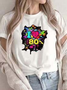 Women's Clothing. Cute Polyester Crew Neck T-Shirt For Women, "I Love 80s" Design, Colorful Graphic Print, Lightweight, Comfortable And Casual Top, Perfect For Everyday Wear, Parties Or Lounging Outfits, And With A Stylish Look. Women's Shirts - 白色 - 查看 6