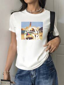 Colorful Astronaut Enjoying A Beach Landscape With Mountains In The Background And A Rocket Taking Off Symbolizes Adventure, Exploration, And Inner Calm. Modern, Comfortable, And Casual Women's T-Shirt - White - View 8