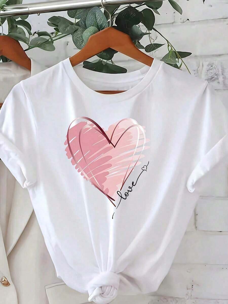 Summer T-Shirt With Heart Print For Women, Elegant Party Outfit, T-Shirt For Elegant Ladies, Blouses Suitable For Curvy Women, Prom Skirts, Casual Wear, Adorable Animal Print, Fun Letter Print - 白色 - 查看 1