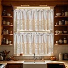 1PC Short Curtain With Japanese-Style Linen Patchwork Crochet Design,Small Window Curtains For Kitchen,Apartment Kitchen Drapes,Kitchen Window Valancem,Cafe Style Half Curtains-Rod Pocket Process - Beige - View 6